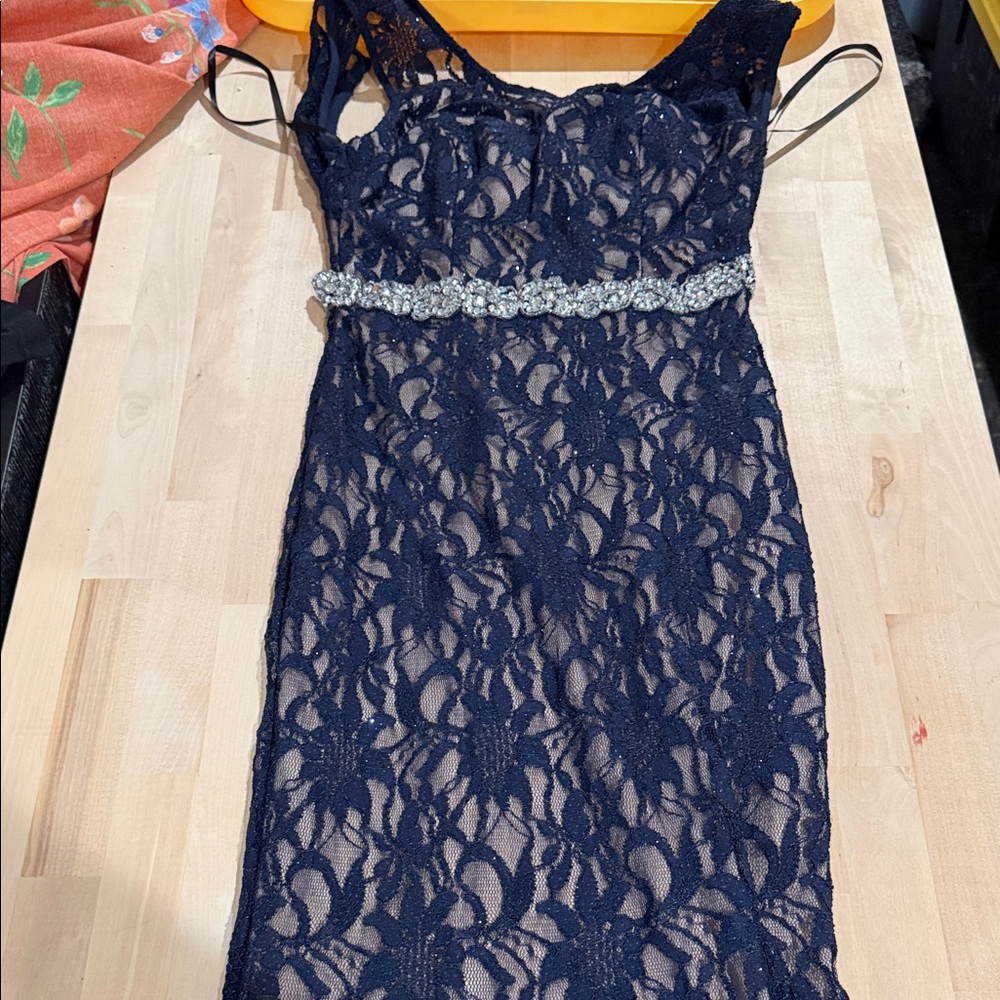 City Studio Navy Lace Prom Dress with Silver Accents